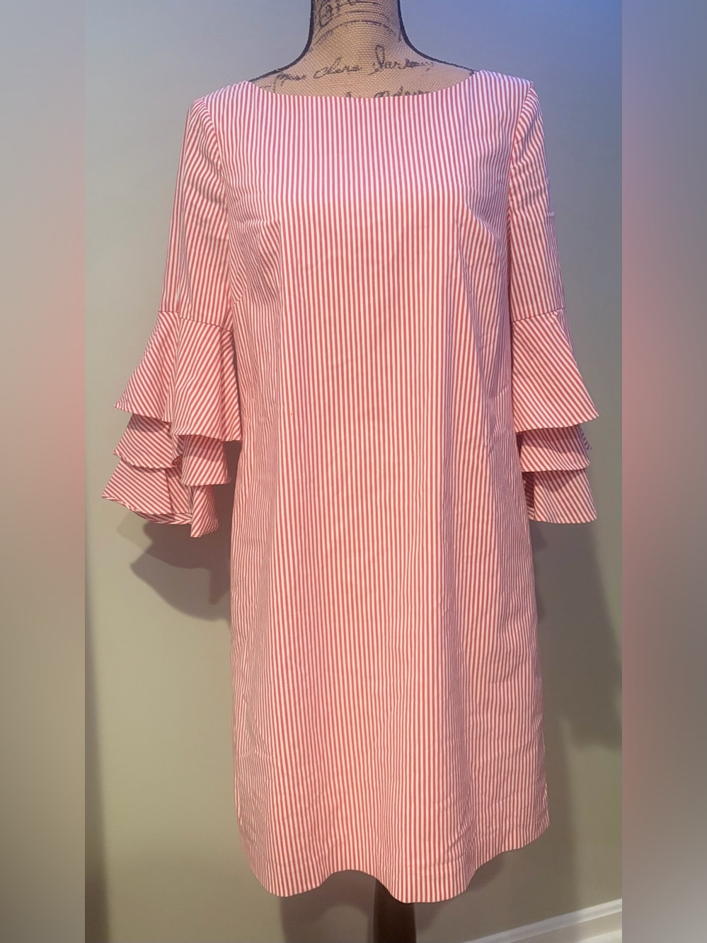 Adrianna Papell Pink White Striped Shift Dress Tiered Ruffle Bell Sleeve Size 6